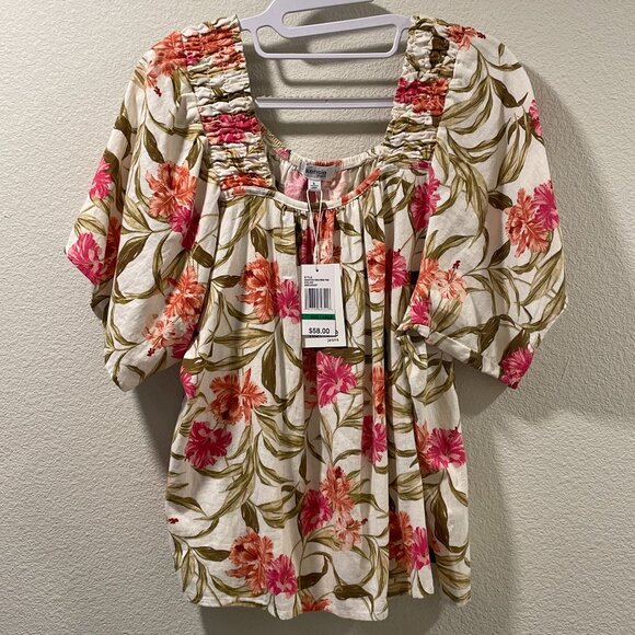Kensie Tops - NWT, KENSIE Linen Blend Short Sleeve Tropical Baby Doll Top, Ivory/Pink - L